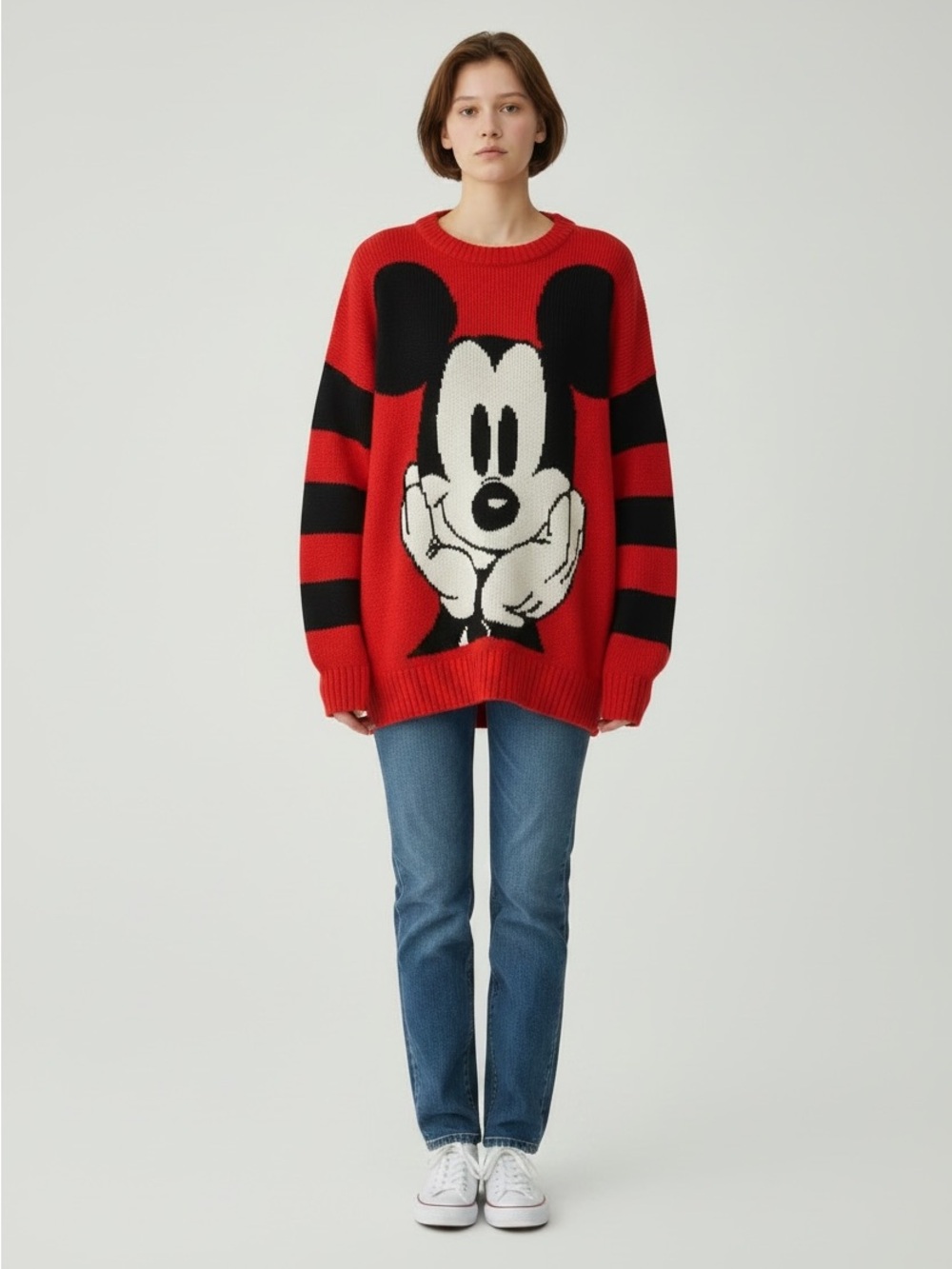 Mickey & Co. Vintage Mickey Mouse Oversized Knit Sweater Red Black Striped L XL
